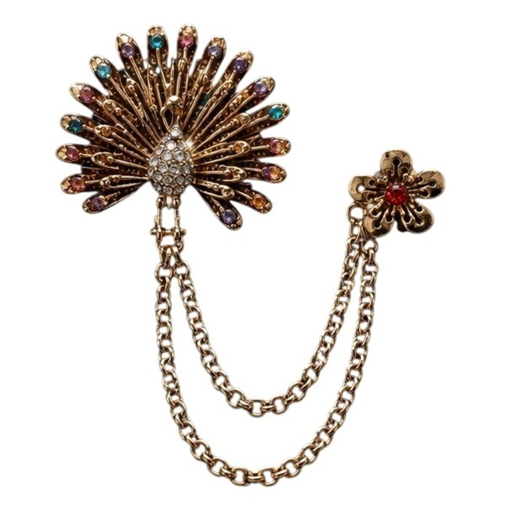 Peacock & Flower Double Chain Brooch Pin Multi Colored Crystal Accents